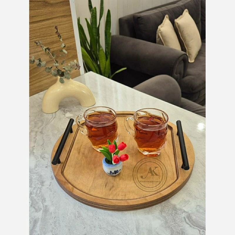 سینی چوبی دسته فلزی گرد سایز 2