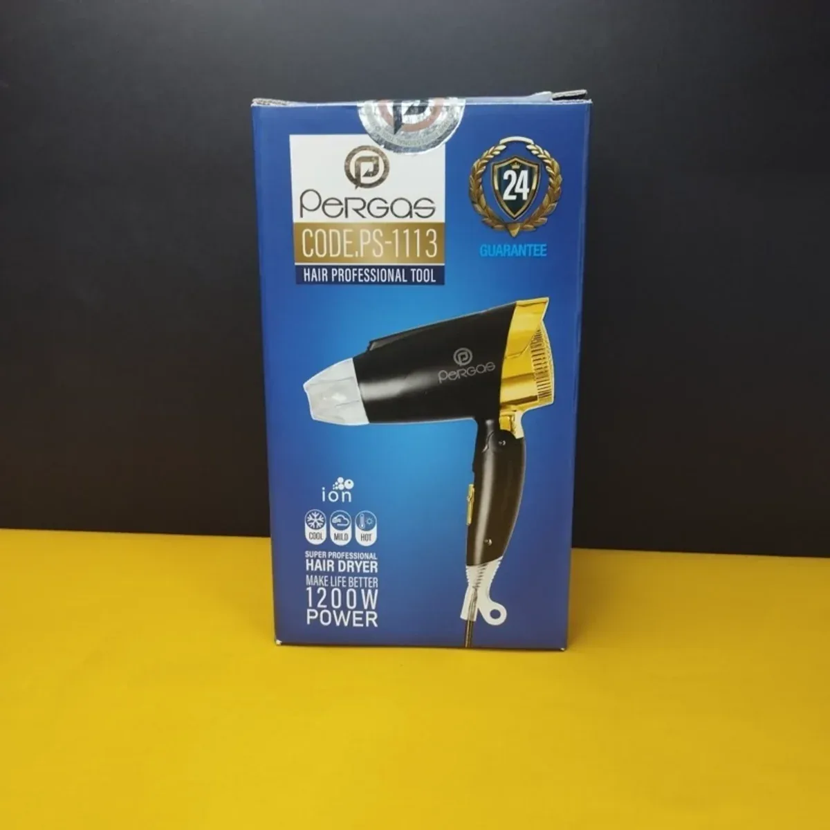 سشوار مسافرتی حرفه‌ای پرگاس Pergas مدل PS-1113 با دسته تاشو، موتور AC و فناوری یون