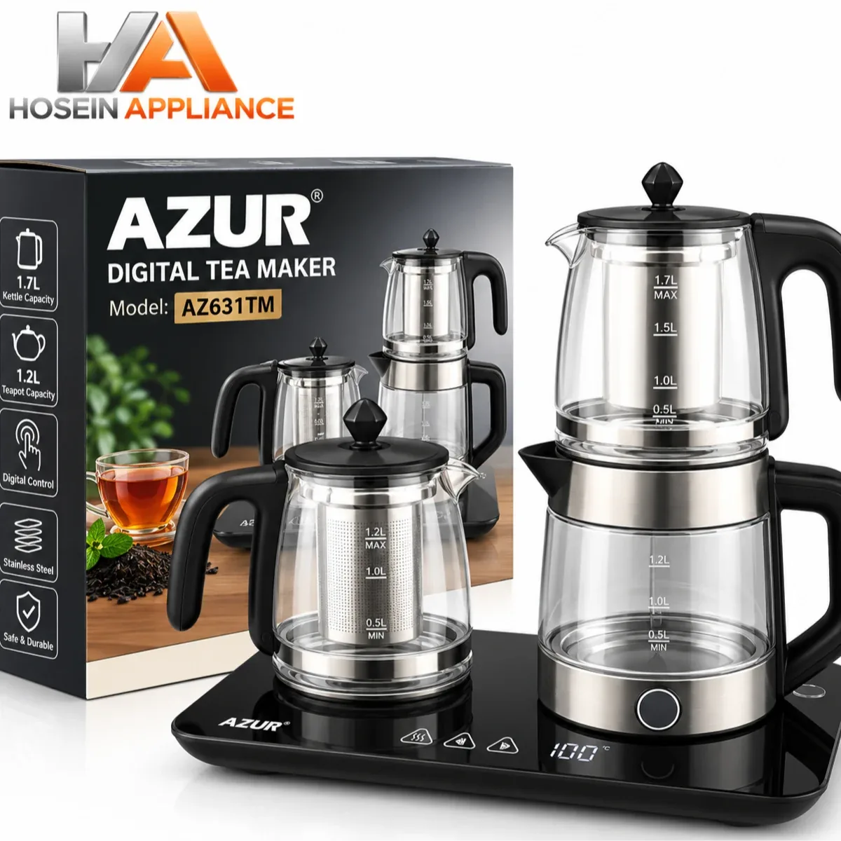 چای ساز دیجیتال آزور مدل AZ631TM ظرفیت 1.7 لیتر با قوری 1.2 لیتر استیل ضد زنگ