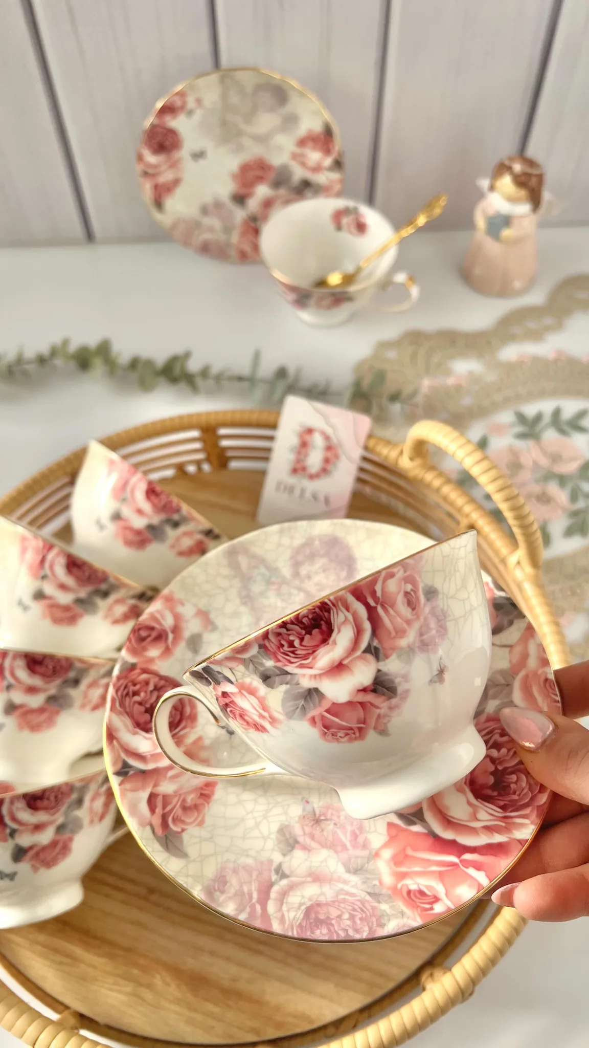فنجان نعلبکی چای‌خوری لمونژ طرح گل رز