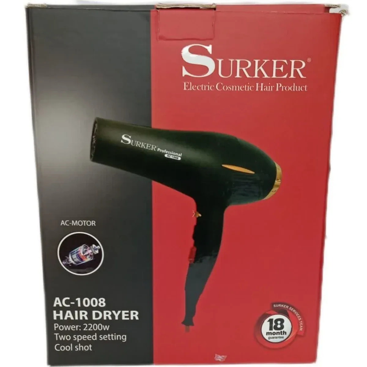 سشوار حرفه‌ای سورکر Surker مدل AC-1008 توان 2200 وات با موتور AC و باد سرد