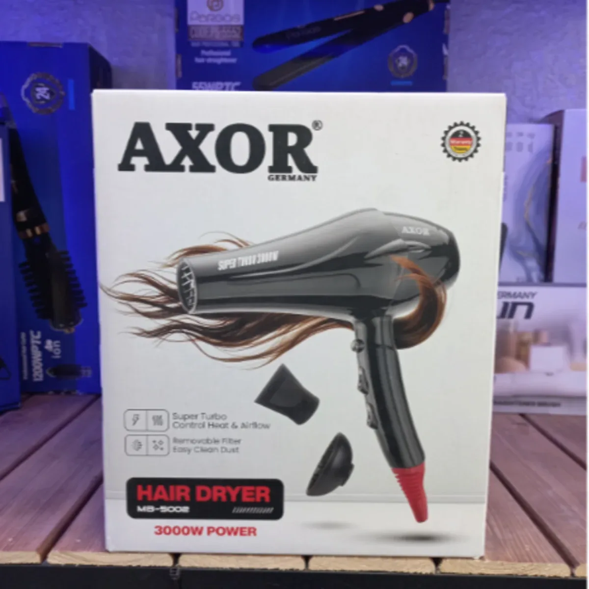 سشوار نیمه‌حرفه‌ای آکسور AXOR مدل MB-5002 توان 3000 وات با موتور AC و Super Turbo